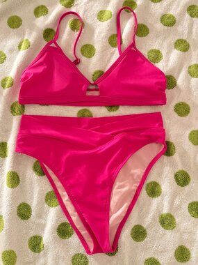 Barbiecore Hot Pink Bikini Set, Cutout Top, High Waisted Bottoms, Resort, Vaca